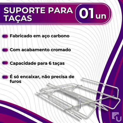 Imagem de Suporte Aço Cromado Para Taças De Vinho Ou Cerveja Encaixe Armário Stolf