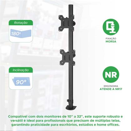 Imagem de Suporte Ajustável para 2 Monitores Com Morsa De 10" Até 32"