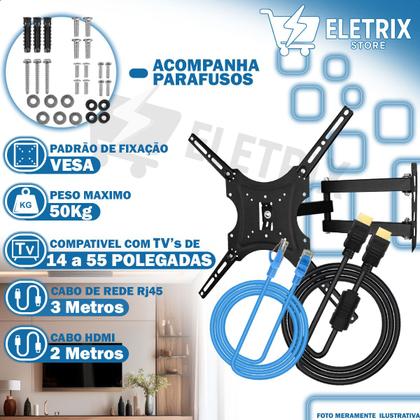 Imagem de Suporte Articulado 1455” + Cabo HDMI 1.5m + Cabo Rede RJ45 Azul 3m Kit Completo