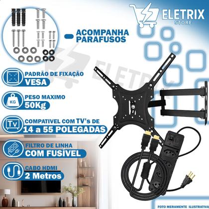 Imagem de Suporte Articulado de Parede 1455”+ Cabo HDMI 1.5m + Filtro de Linha 4 Tomadas Tripolar