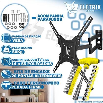 Imagem de Suporte Articulado Para TV 14 a 55 Parede Led Plasma + Jogo Ferramentas 24 Peças Chaves Tipo T