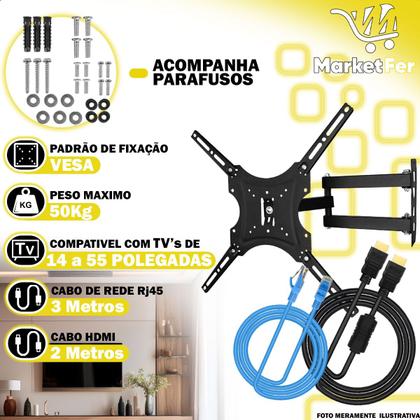Imagem de Suporte Articulado para TV 14 a 55 Polegadas LED LCD Universal com Cabo HDMI 2m Full HD e Cabo de Rede RJ45 3m Incluso