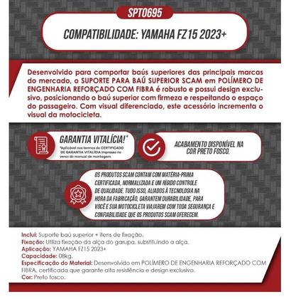 Imagem de Suporte Bagageiro Baú Bagageiro Yamaha Fz15 2023 24 25 Fz 15 SCAM