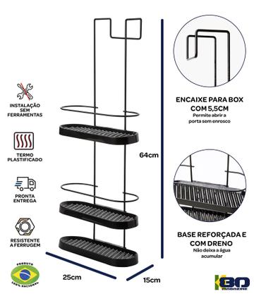 Imagem de Suporte Banheiro Porta Shampoo Preto Triplo Para Box Prateleiras Wave