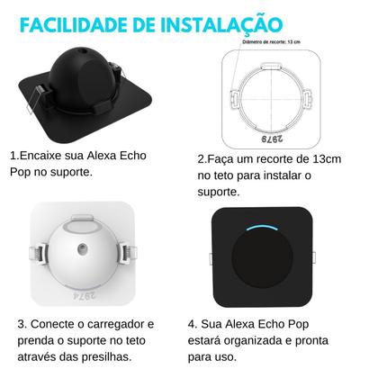 Imagem de Suporte Branco Quadrado de Teto para Embutir Assistente Virtual Compatível Com Alexa Echo Pop - ARTBOX3D