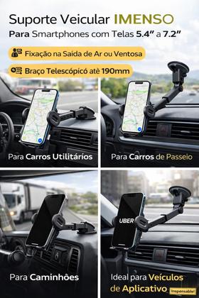 Imagem de Suporte Celular Para Carro Fixa Painel Saída Ar e Retrovisor com ventosa material rígido braço telescópico estendível aplicativos carros caminhões