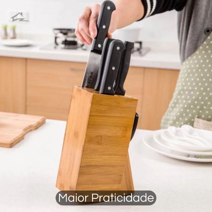 Imagem de Suporte Cepo Bambu Organizador De Faca Tesouras Cozinha