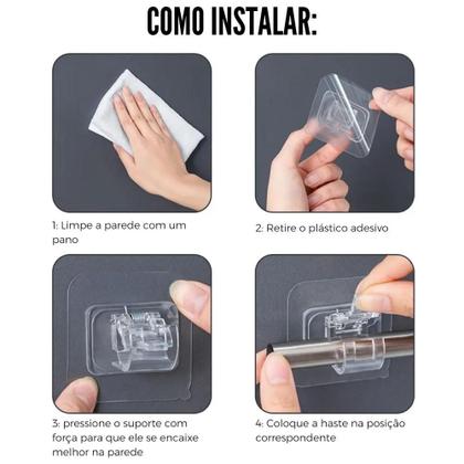 Imagem de Suporte Cortina Varão Dupla Face adesivo Toalhas e Objetos 8, 6, 4, 2 unidades