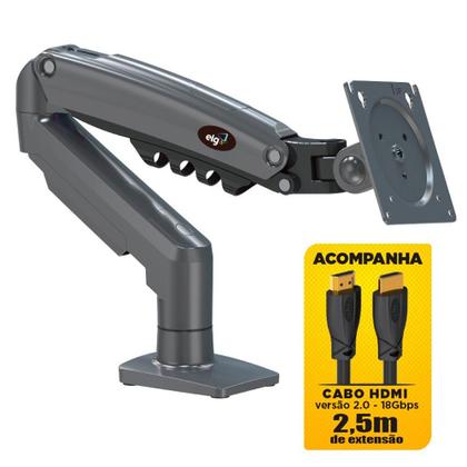 Imagem de Suporte de Mesa Articulado para Monitor de 17" a 35" ELG, com Pistão a Gás e Cabo HDMI 2.0, VESA, Grafite - F98HDMI
