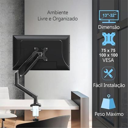 Imagem de Suporte de Mesa Articulado para Monitor de até 32" Fitter, Ajuste com Pistão a Gás, VESA, Preto - F8
