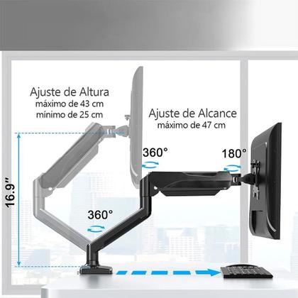 Imagem de Suporte de Mesa Articulado para Monitor de até 32" Fitter, Ajuste com Pistão a Gás, VESA, Preto - F8