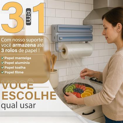 Imagem de Suporte De Papel Toalha Alumínio Filme Para Cozinha 3 Em 1 Não Enrola Linha Premium