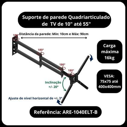 Imagem de Suporte de parede articulado de parede para tv tela de 10 a 55 polegadas com 4 movimento - fixado na parede