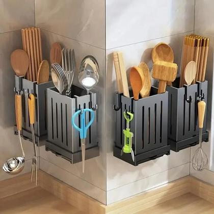 Imagem de Suporte de Parede Multifuncional para Utensílios de Cozinha - Rack de Secagem para Talheres e Pauzinhos