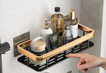 Imagem de  Suporte de Shampoo Preto Com Dourado Luxo De Alumínio 1 Camada Para Banheiro Montado Na Parede Prateleira