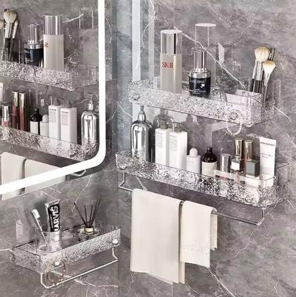 Imagem de Suporte de Toalhas e Organizador Adesivo para Banheiro  Prateleira com Barra de Inox