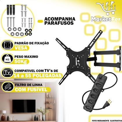 Imagem de Suporte de Tv Articulado 14 a 55 Led Lcd Universal + Filtro de Linha Tomadas Tripolar 5