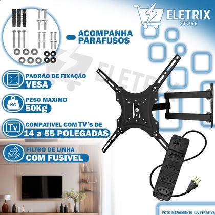 Imagem de Suporte de Tv e Monitor Articulado 14 até 55 Polegadas led lcd Plasma + Filtro de Linha Régua Tripolar 4