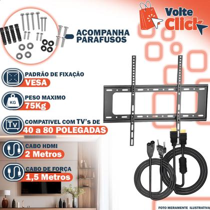 Imagem de Suporte de TV Parede 40 a 80 Polegadas Fixo Até 75 Kg TV Smart Plasma com Cabo HDMI 2 Metros e Cabo Tipo 8 Bipolar Kit Instalação