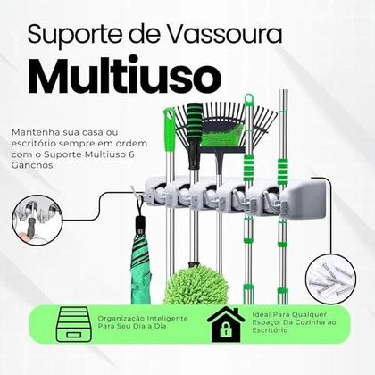 Imagem de Suporte de Vassoura  com Ganchos  Organizador de Parede Multiuso