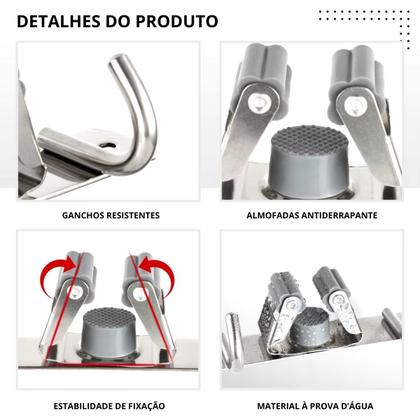 Imagem de Suporte de Vassoura em Inox Com 4 Ganchos e 5 Ranhuras