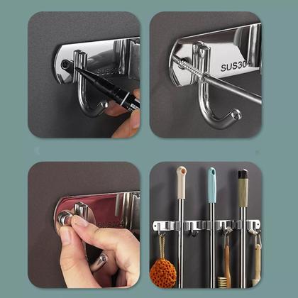 Imagem de Suporte de Vassoura em Inox Com 4 Ganchos e 5 Ranhuras