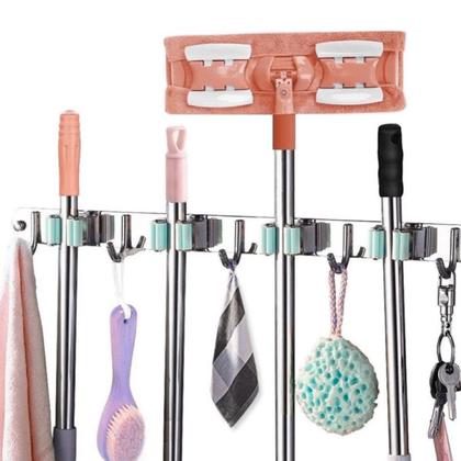 Imagem de Suporte de Vassoura em Inox Com 4 Ganchos e 5 Ranhuras