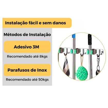 Imagem de Suporte de Vassoura em Inox Com 4 Ganchos e 5 Ranhuras