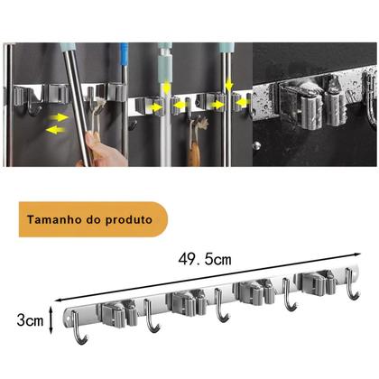 Imagem de Suporte de Vassoura em Inox Com 4 Ganchos e 5 Ranhuras
