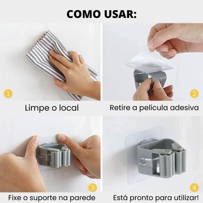 Imagem de Suporte De Vassoura Pá Mop Organizador De Parede Pendurar 1 Gancho Adesivo - Escolha Seu Kit