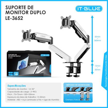 Imagem de Suporte Duplo para Monitor 14" a 32" VESA 75x75 100x100 Alumínio LE-3652