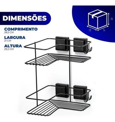 Imagem de Suporte Duplo Porta Shampoo Box Banheiro Cantoneira Sabonete Cosméticos Sem Furo Ventosa Preto Arthi