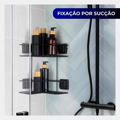 Imagem de Suporte Duplo Porta Shampoo Box Banheiro Cantoneira Sabonete Cosméticos Sem Furo Ventosa Preto Arthi