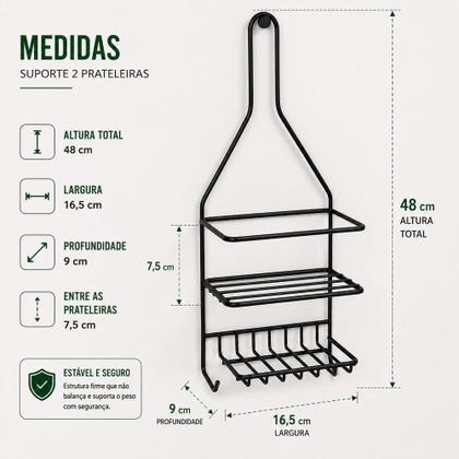 Imagem de Suporte duplo porta shampoo preto 2 prateleiras organizador banheiro cozinha saboneteira com ganchos multiuso black