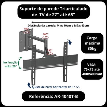 Imagem de SUPORTE FIXO DE PARADE Tv DE LED LCD MONITORES DE 27 A 65 POLEGADAS TRIARTICULADO COM INCLINAÇÃO - PAREDE
