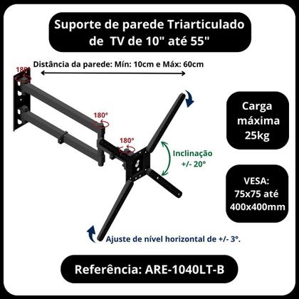 Imagem de Suporte fixo de parede articulado para tv 10 a 55 polegada parede 3 movimentos triarticulado com inclinação  longo
