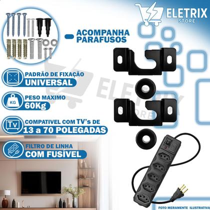 Imagem de Suporte Fixo de Parede TV 13 a 70 Extensão 5 Tomadas com Chave Liga Desliga