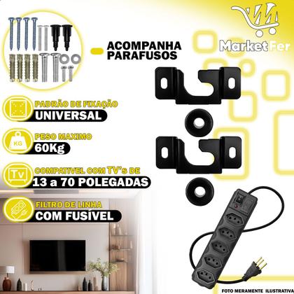 Imagem de Suporte Fixo Para TV Monitor 13 70 Polegadas Ajustável Inclinável + Filtro De Linha 5 Tomadas