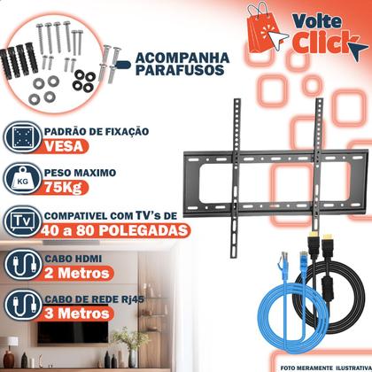 Imagem de Suporte Fixo TV 40 Á 80 Polegadas Com Cabo HDMI 1.5m E Cabo Rede RJ45 3m
