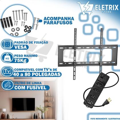 Imagem de Suporte FixoUniversal 4080” até 75kg + Extensão 4 Tomadas com Chave On/Off