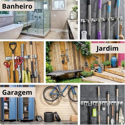 Imagem de Suporte Inox 7 Ganchos Porta Vassoura Rodo Multiuso Parede  Envio Imediato