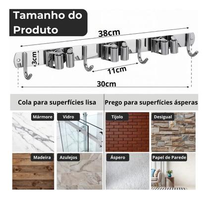 Imagem de Suporte Inox 7 Ganchos Porta Vassoura Rodo Multiuso Parede  Envio Imediato