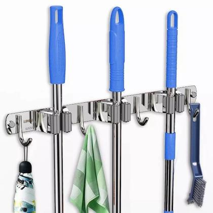 Imagem de Suporte Inox 7 Ganchos Porta Vassoura Rodo Multiuso Parede  Envio Imediato