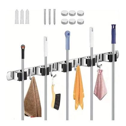 Imagem de Suporte Inox Multiuso Com Gancho Vassoura Rodo Pá Pano