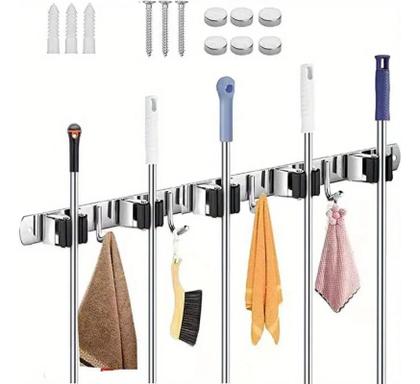 Imagem de Suporte Inox Multiuso Com Gancho Vassoura Rodo Pá Pano