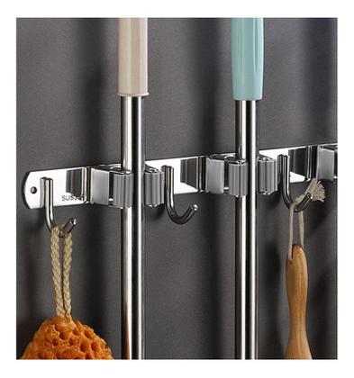 Imagem de Suporte Inox Multiuso Com Gancho Vassoura Rodo Pá Pano