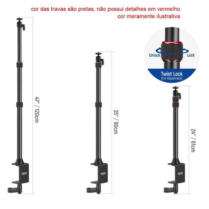 Imagem de Suporte Mesa Ballhead Duplo 120cm Para Camera Celular E Luz Neewer