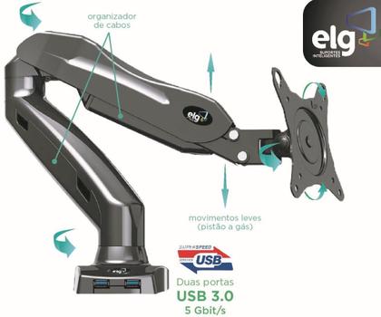 Imagem de Suporte Monitor Articulado F90 USB ELG com 2 Portas 3.0