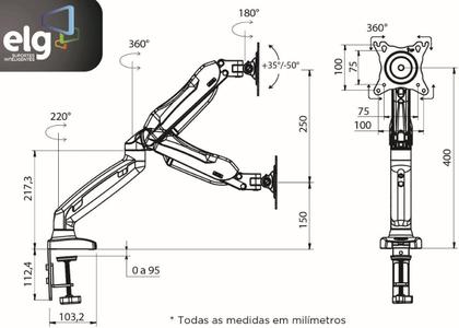 Imagem de Suporte Monitor Articulado F90 USB ELG com 2 Portas 3.0