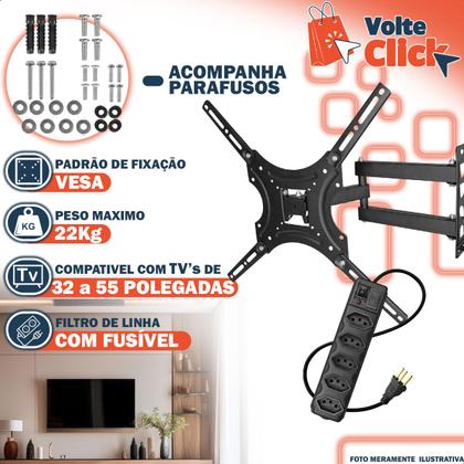 Imagem de Suporte Móvel TV 32 Á 55 Polegadas Ajustável Triarticulado Universal + Filtro De Linha 5 Tomadas